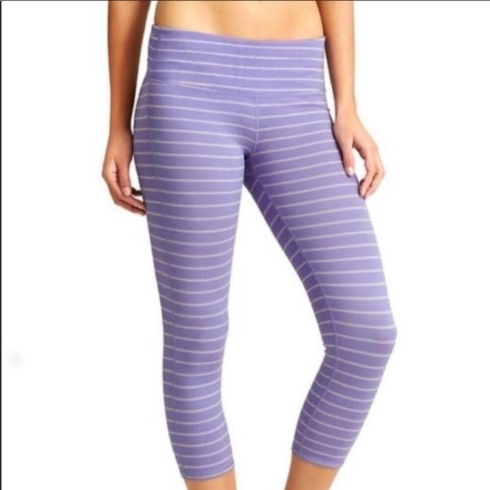 Athleta Chaturanga Periwinkle/Gray Striped Cropped Leggings